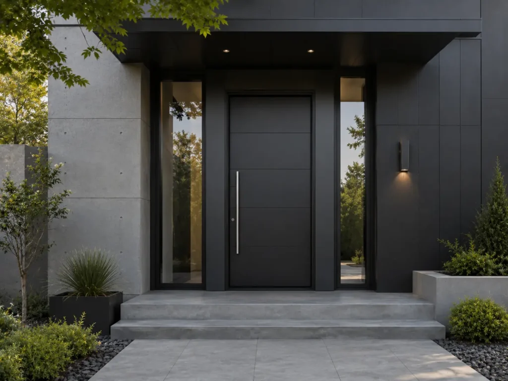 Modern black steel entry door with narrow glass sidelights on a minimalist residential facade.