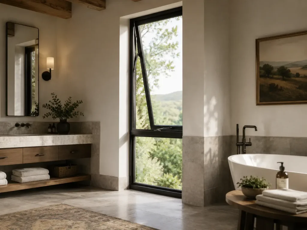 Modern farmhouse bathroom with slim black awning window, stone tile surfaces, matte black fixtures, freestanding bathtub, and natural daylight