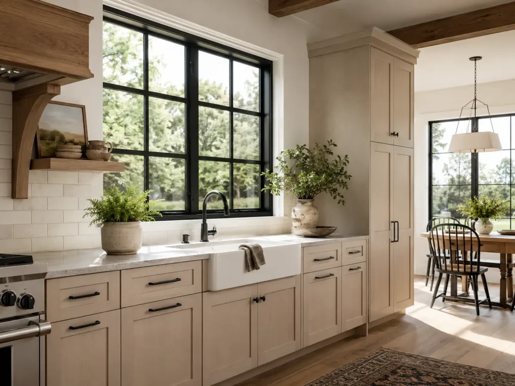 Bright modern farmhouse kitchen with black frame window, light wood cabinetry, stone countertop, and farmhouse sink