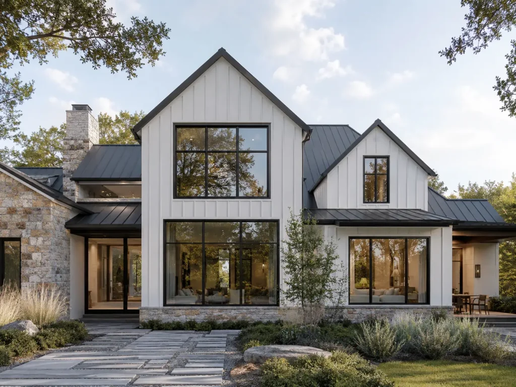 Modern farmhouse exterior with slim black frame windows, white board-and-batten siding, stone accents, and dark roof
