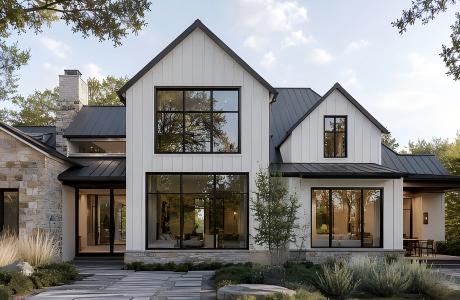 Modern farmhouse exterior with slim black frame windows, white board-and-batten siding, stone accents, and dark roof