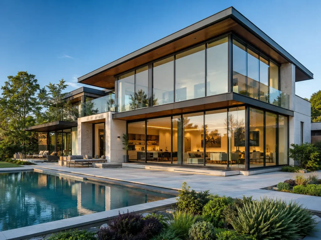 Modern luxury villa with large triple glazed aluminum windows and energy-efficient glass facade