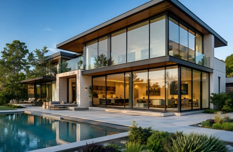Modern luxury villa with large triple glazed aluminum windows and energy-efficient glass facade