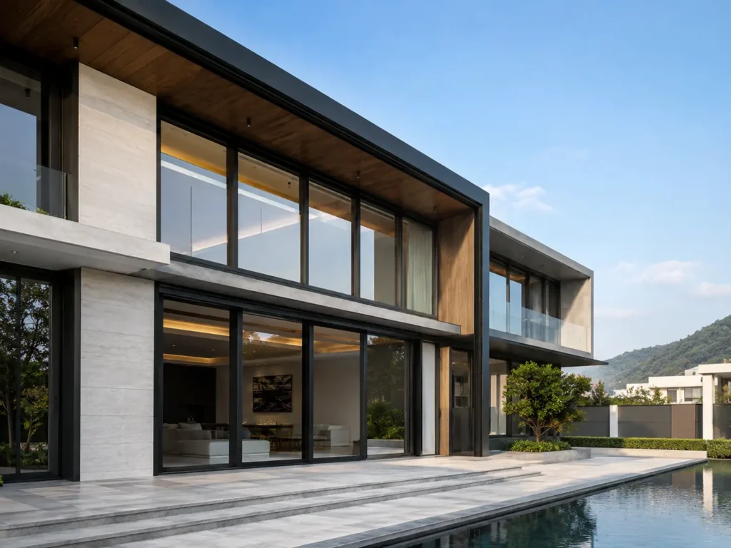 Modern luxury villa with large black thermal break aluminum windows and floor-to-ceiling glazing