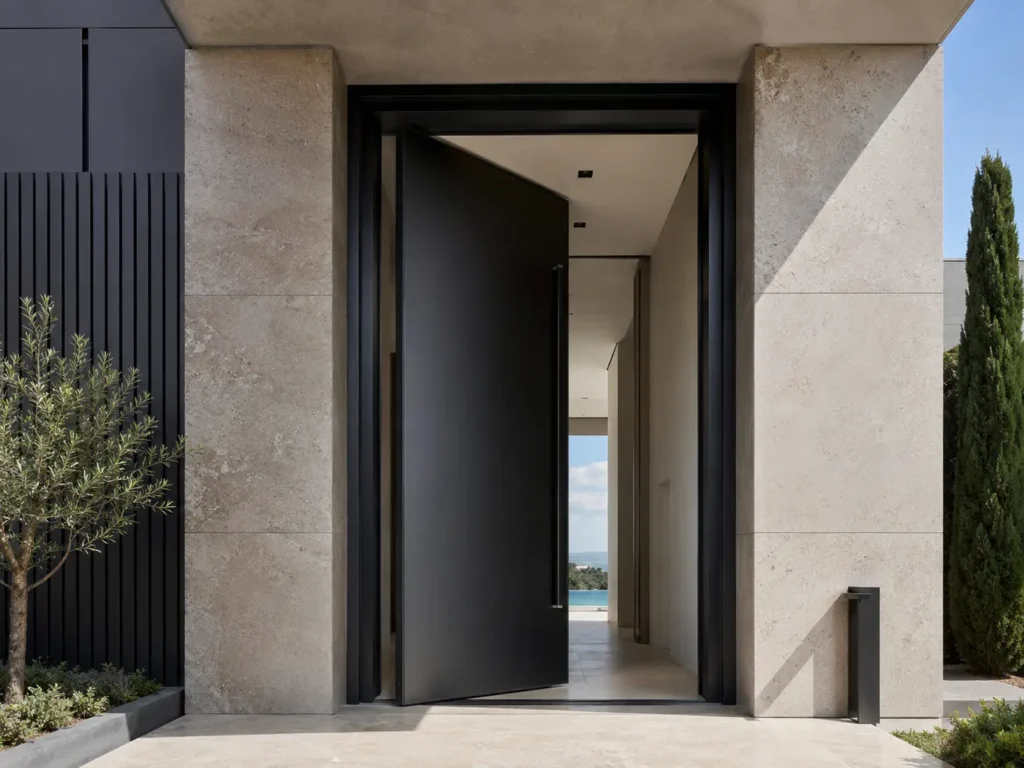 Oversized black pivot entrance door set within the stone facade of a modern luxury villa.