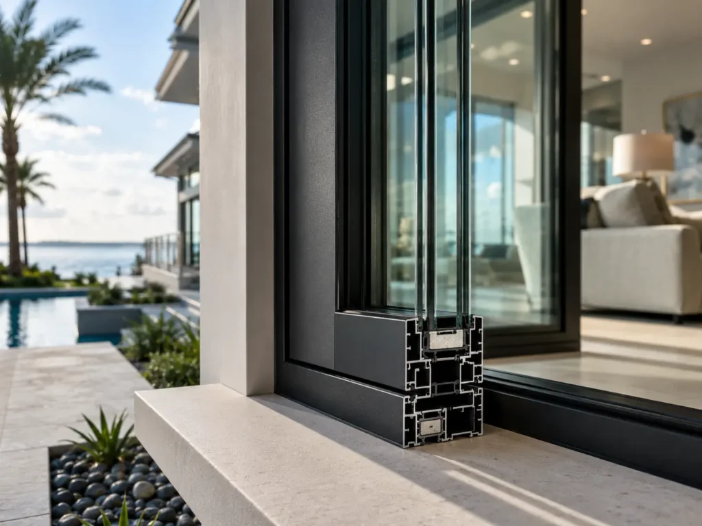 Close-up of an NFRC certified aluminum window system with thermal break frame and insulated glazing detail