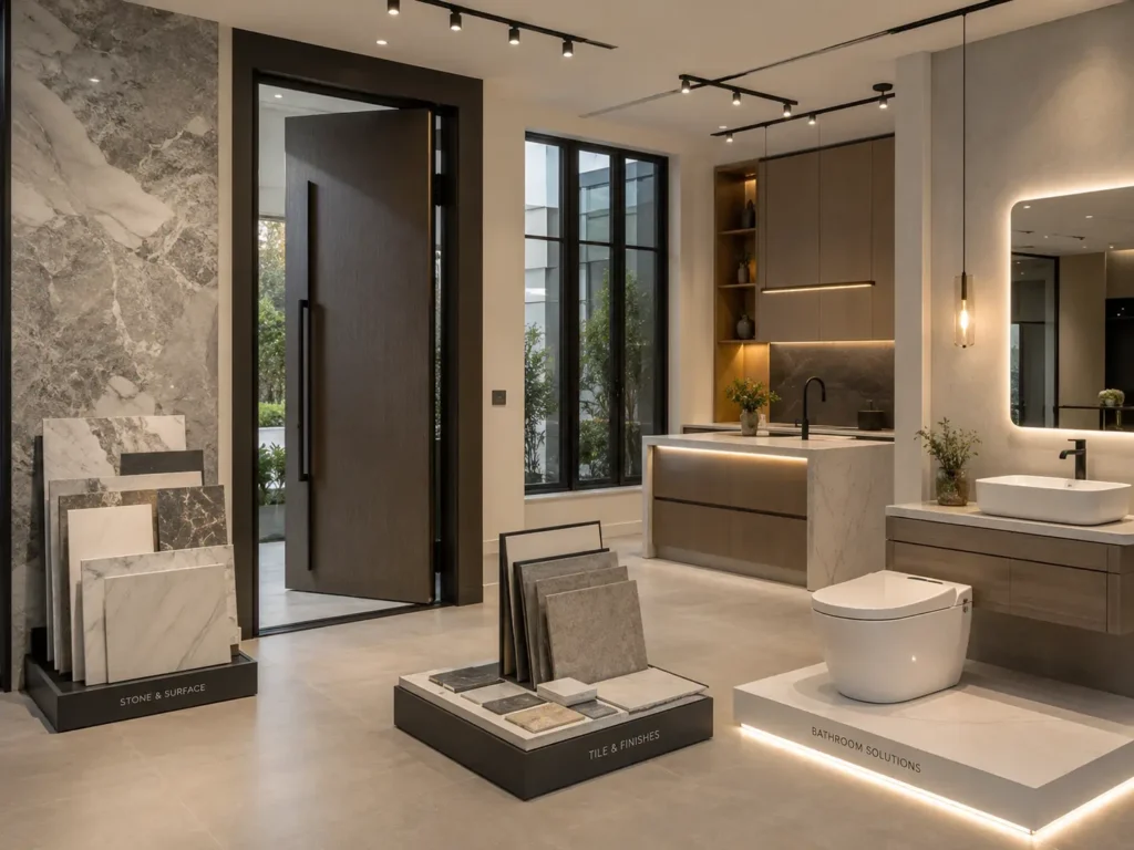 One-stop building materials showroom with windows, pivot door, stone, tile, cabinetry, and bathroom fixtures