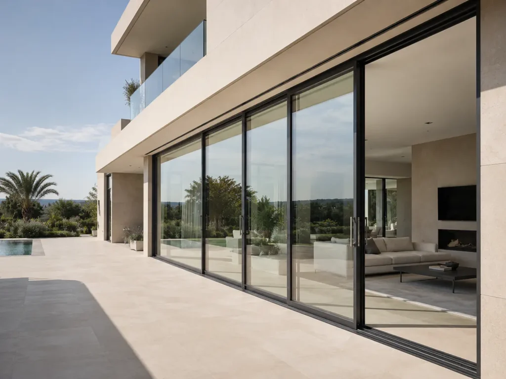 Oversized lift and slide glass doors installed across the exterior of a modern luxury villa with a stone terrace and slim aluminum frames.
