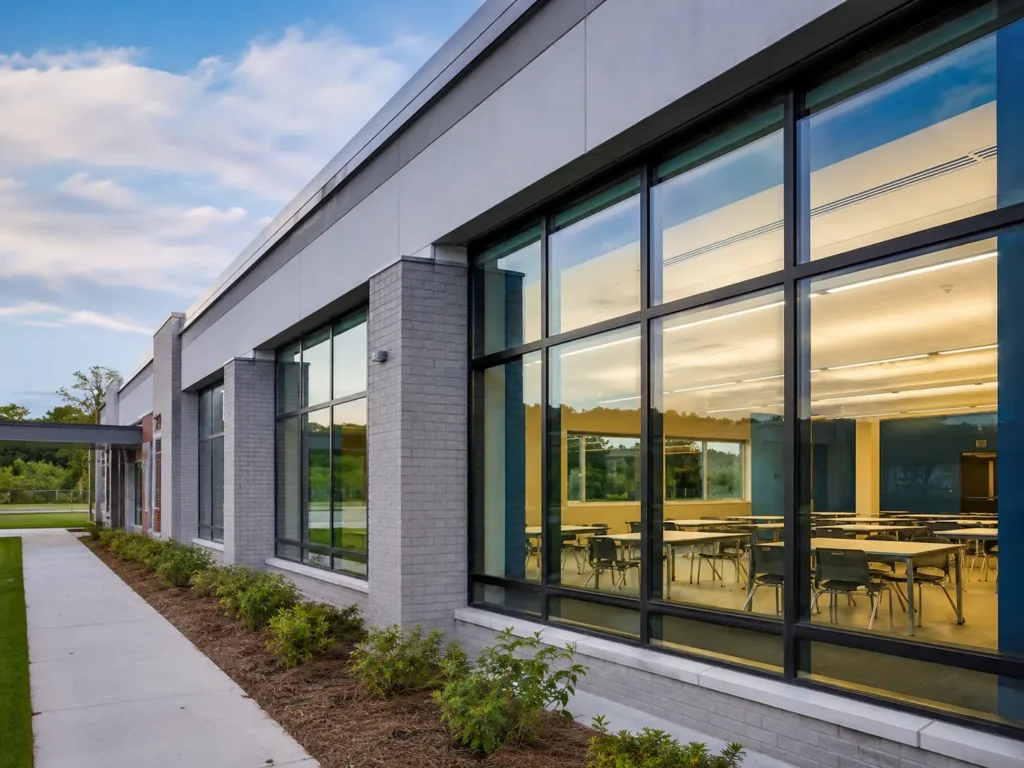 Contemporary school building with durable commercial replacement windows for safety, daylight, and energy performance