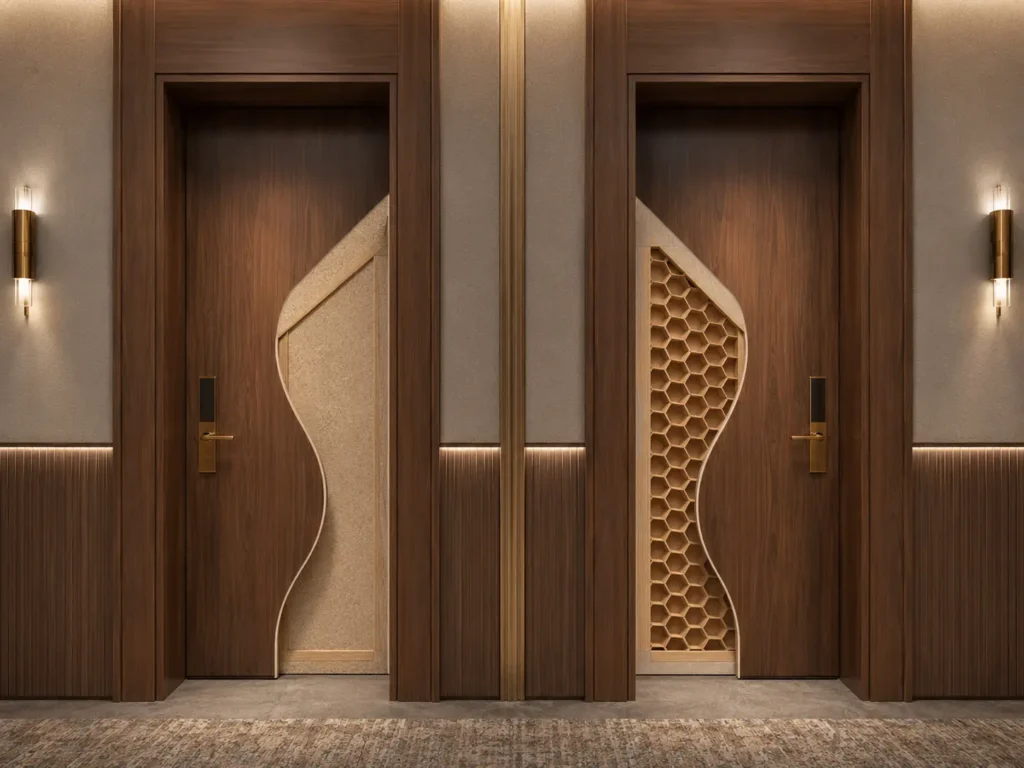 Side-by-side cutaway comparison of a solid core interior door and a hollow core honeycomb door for hotel project procurement.