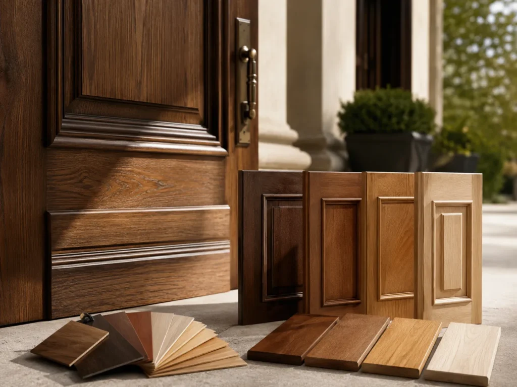 Solid wood front door finish and panel design options showing multiple wood tones, grain textures, and custom panel styles