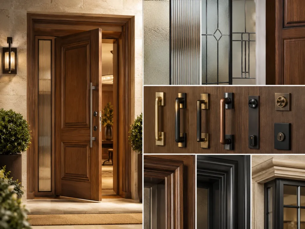 Custom solid wood front door with glass styles, handle options, lock systems, and frame detail selections for luxury entrances