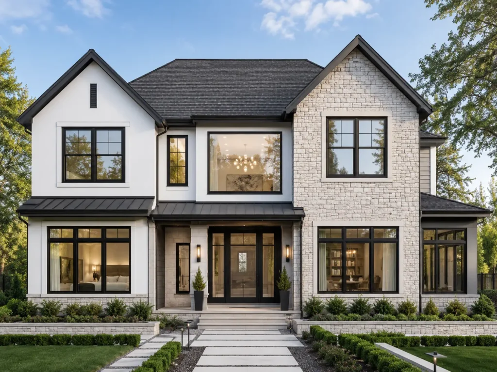 Modern house facade showing different standard window sizes, including sliding, picture, and double-hung windows