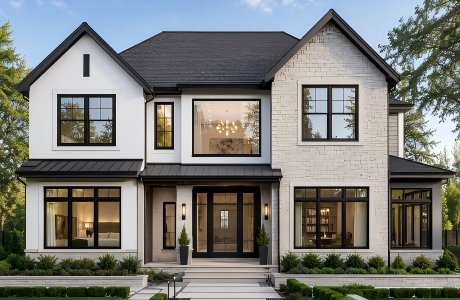 Modern house facade showing different standard window sizes, including sliding, picture, and double-hung windows