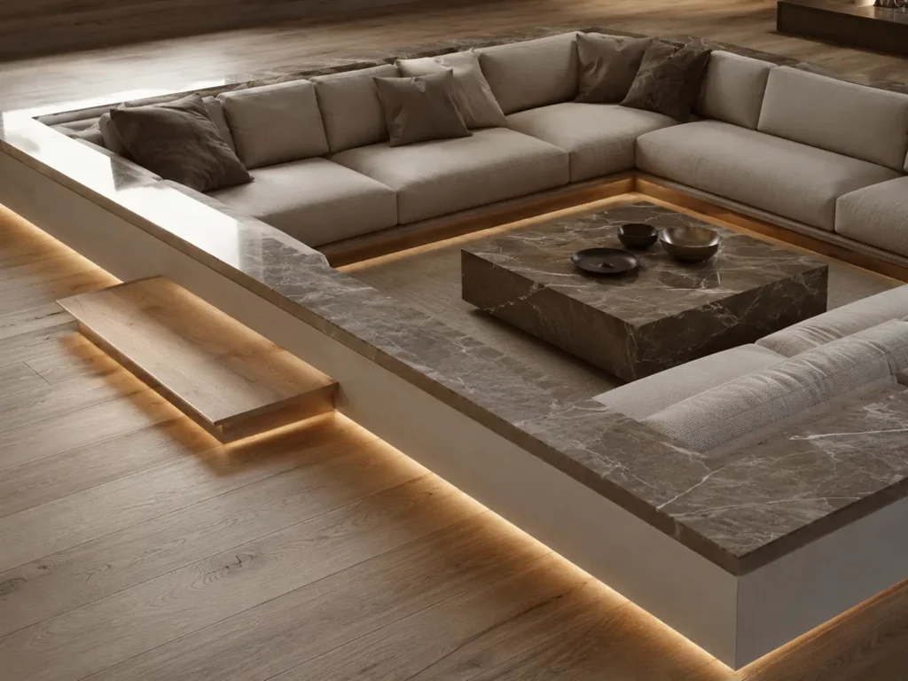 Close-up of a sunken conversation pit sofa with marble ledges, integrated LED lighting, oak flooring, and custom modular cushions.