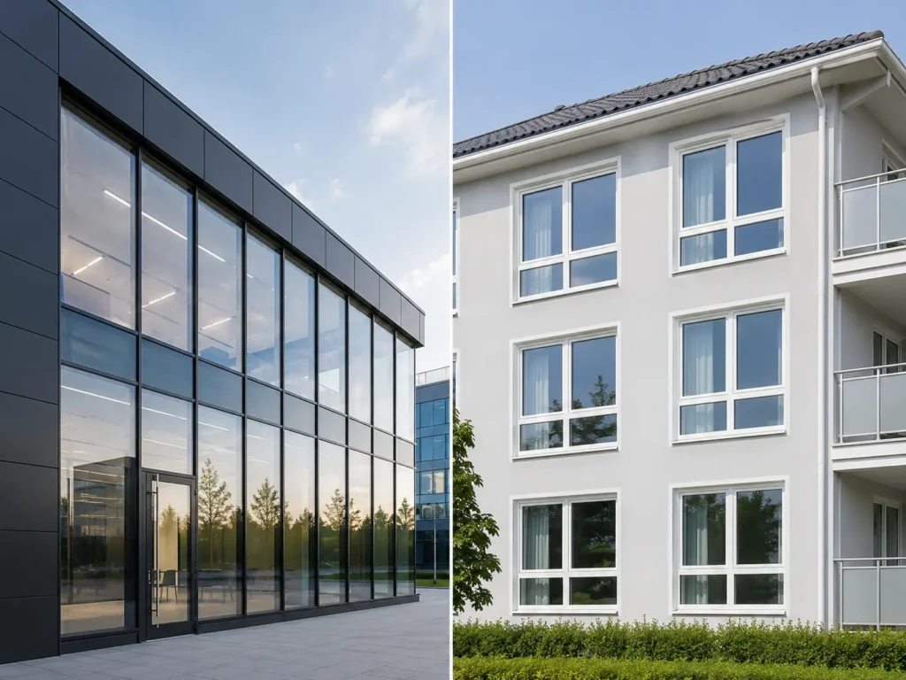 Side-by-side comparison of thermal break aluminum windows on a commercial building and uPVC windows on a residential building