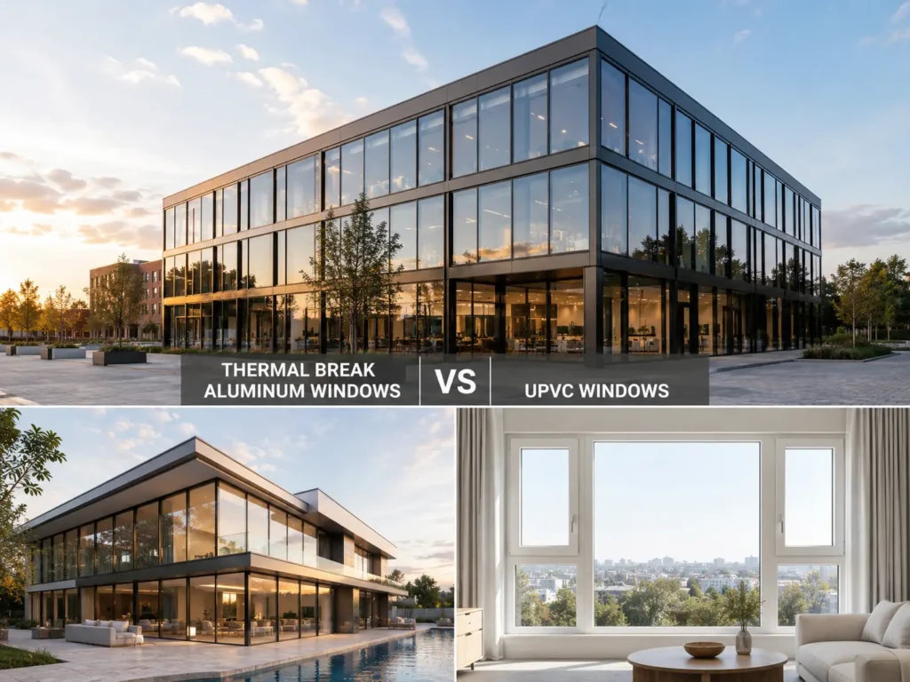 Visual comparison of thermal break aluminum windows and uPVC windows for commercial and residential building projects