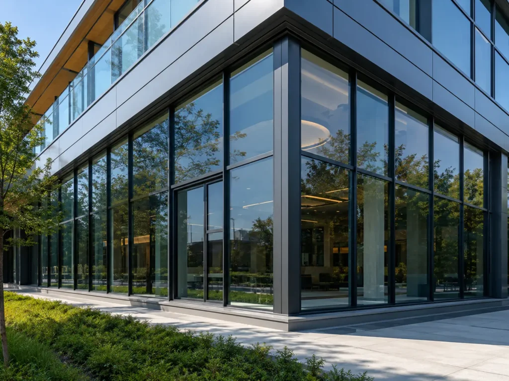 Modern commercial building with large thermal break aluminum windows and slim black frames