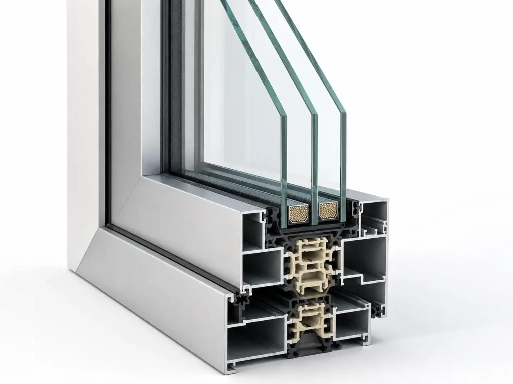 Triple glazed aluminum window cross-section with three glass panes, dual cavities, and thermal break frame
