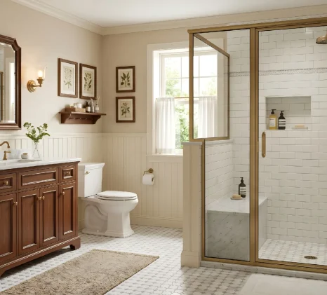 High-end brushed brass framed hinged shower door in a classic luxury residential bathroom setting.