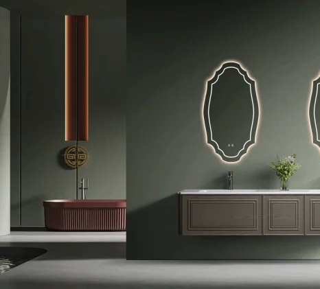 Elegant dark wood double bathroom vanity featuring classic paneling, white integrated sinks, and ornate LED mirrors for high-end villa interiors.