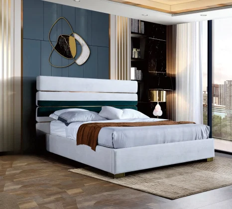 Contemporary king bed featuring white and green horizontal tufted headboard.
