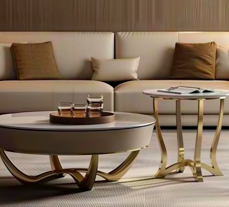Modern luxury straight sofa model S108 featuring beige upholstery and brushed brass legs, designed for boutique hotel lobbies.
