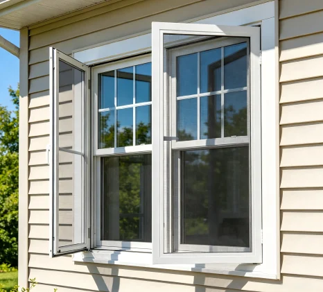 Exterior white aluminum casement window with screens on beige siding. Left pane is open, showing integrated fly screen.